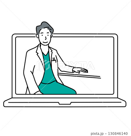 イラスト素材: ノートパソコン画面に映る白衣を着た男性医師のオンライン診療 130846140
