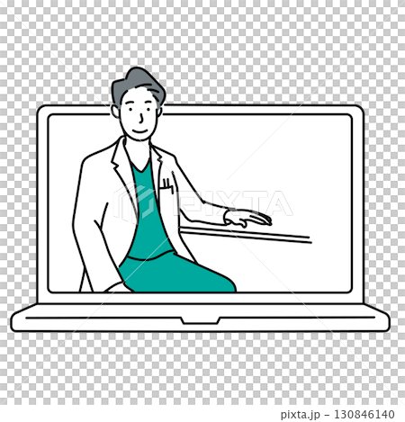 イラスト素材: ノートパソコン画面に映る白衣を着た男性医師のオンライン診療 130846140