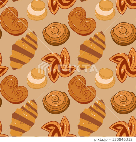 Seamless Pattern Featuring Delicious Pastries on a Beige Background Seamless Pattern Featuring Delicious Pastries on a Beige Background 130846312