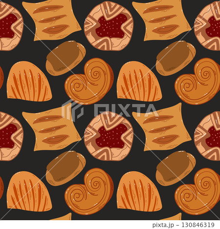 Seamless Pattern of Assorted Pastries on a Dark Background Seamless Pattern of Assorted Pastries on a Dark Background 130846319