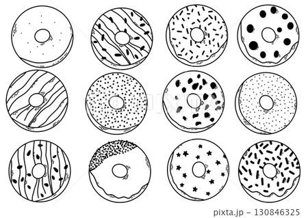 Collection of Hand-Drawn Donut Designs Featuring Diverse Decoration Patterns Collection of Hand-Drawn Donut Designs Featuring Diverse Decoration Patterns 130846325