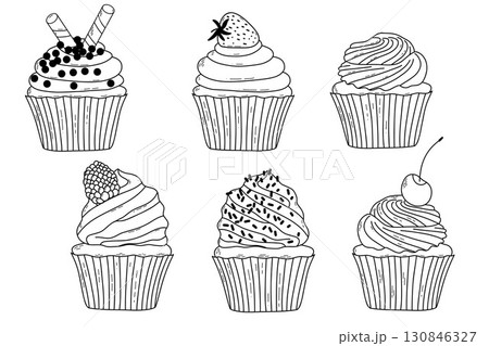 Detailed Line Art of Cupcakes With Assorted Toppings in Black and White Outline 130846327