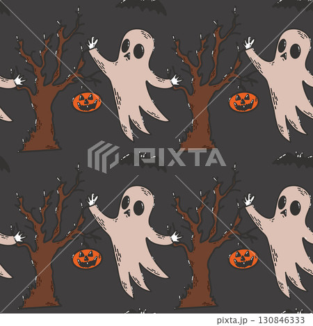 Seamless Halloween Pattern Featuring Spooky Ghosts, Pumpkins, Trees, and Flying Bats 130846333