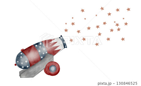 Circus gun watercolor. Hand drawn cannon with the stars on isolated white background. Clip art circus equipment. Perfect for posters and cards for baby shower Circus gun watercolor. Hand drawn cannon with the stars on isolated white background. Clip art circus equipment. Perfect for posters and cards for baby shower 130846525