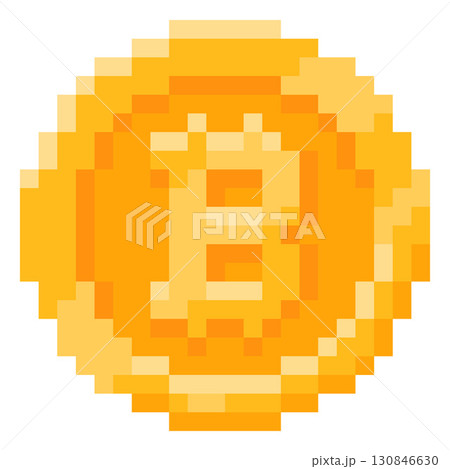 Bitcoin coin pixel art vector icon, retro 8 bit money cash golden coin, BTC currency, finance investment, bank sign Bitcoin coin pixel art vector icon, retro 8 bit money cash golden coin, BTC currency, finance investment, bank sign 130846630