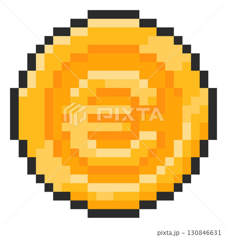 Euro coin pixel art, vector retro 8 bit money cash golden coin, European currency, finance investment sign black outline 130846631