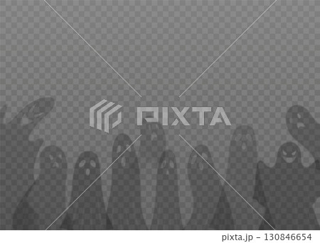 Scary ghost shadows vector background, cartoon spooky phantom silhouettes, dead soul, Halloween monster specters flying 130846654