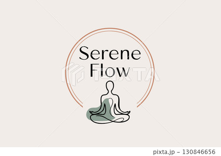 Serene flow meditative yoga logo, minimalist lotus and figure in pose, vector wellness brand for relaxation 130846656