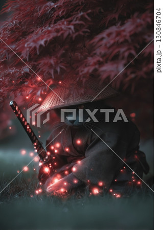 Shadow Cat Under Crimson Leaves 130846704