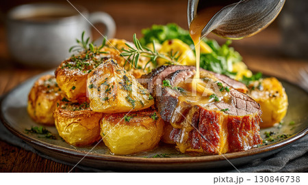 Roasted potatoes and succulent beef with gravy, garnished with herbs, create comforting and hearty meal 130846738