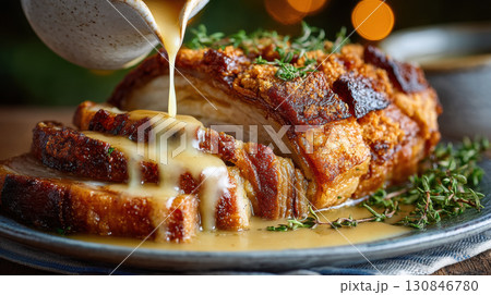 Crispy roast pork with gravy being poured over, garnished with fresh thyme, creating savory and appetizing dish Crispy roast pork with gravy being poured over, garnished with fresh thyme, creating savory and appetizing dish 130846780