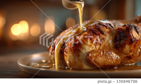 Roasted chicken with golden brown skin being drizzled with gravy, creating warm and appetizing scene 130846786