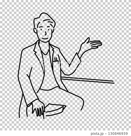 Stock Illustration: Line drawing illustration of a male doctor in a white coat raising his hand to explain Stock Illustration: Line drawing illustration of a male doctor in a white coat raising his hand to explain 130846939