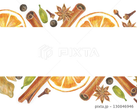 Hand drawn illustration with spices for graphic design. Banner template. Ginger root, dried orange slice, cinnamon, star anise, carnation, allspice, сardamom, nutmeg.  130846946