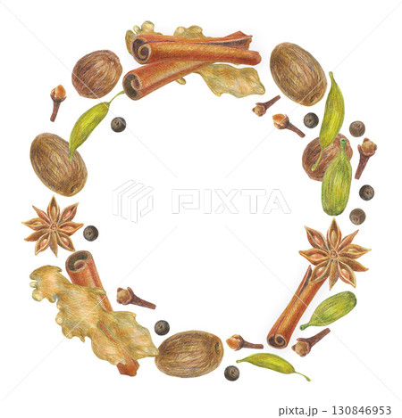 Hand drawn illustration frame with spices for graphic design. Ginger root, cinnamon, star anise, carnation, allspice, сardamom, nutmeg. Hand drawn colored pencil illustration on white background. Hand drawn illustration frame with spices for graphic design. Ginger root, cinnamon, star anise, carnation, allspice, сardamom, nutmeg. Hand drawn colored pencil illustration on white background. 130846953