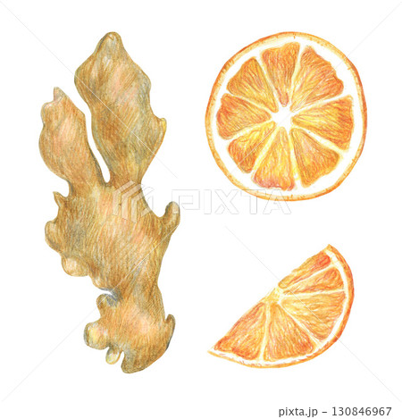 Hand drawn illustration with spices for graphic design. Ginger root, dried orange slice. Hand drawn colored pencil illustration on white background. 130846967