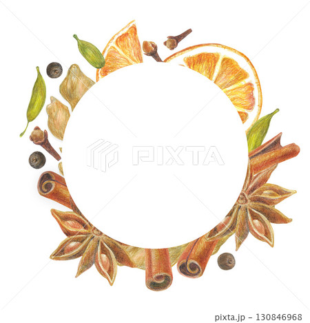 Hand drawn illustration frame with spices for graphic design. Ginger root, cinnamon, star anise, carnation, allspice, сardamom, nutmeg. Hand drawn colored pencil illustration on white background. 130846968