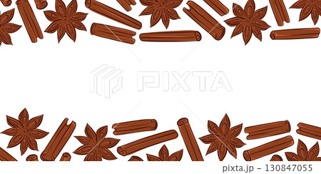 Cinnamon sticks and star anise in flat style decorative frame for packaging, recipe book, menu design and seasonal baking or spice themed design. Cinnamon sticks and star anise in flat style decorative frame for packaging, recipe book, menu design and seasonal baking or spice themed design. 130847055