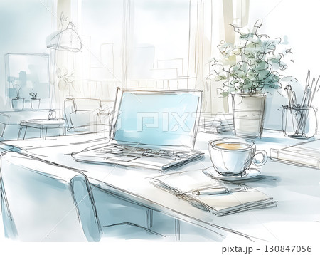 水彩風オフィスデスク背景イラストセット　ノートPC・書類・コーヒー・ビジネス素材 130847056
