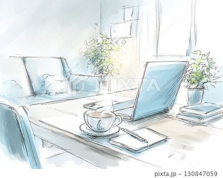 水彩風オフィスデスク背景イラストセット　ノートPC・書類・コーヒー・ビジネス素材 130847059