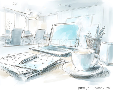 水彩風オフィスデスク背景イラストセット　ノートPC・書類・コーヒー・ビジネス素材 130847060