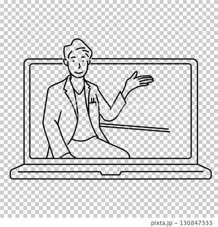 イラスト素材: ノートパソコン画面に映る白衣の男性医師が説明するオンライン診療線画イラスト イラスト素材: ノートパソコン画面に映る白衣の男性医師が説明するオンライン診療線画イラスト 130847333