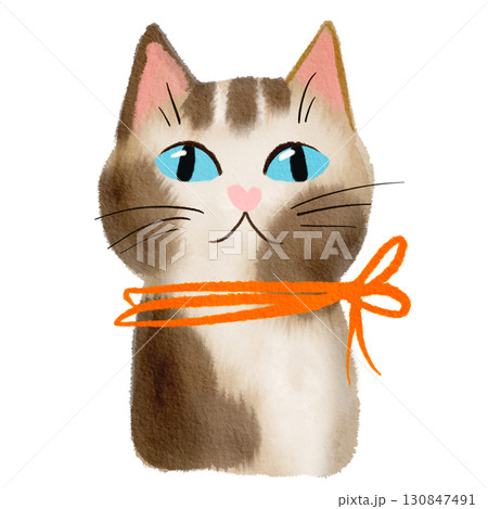 cute cat with orange ribbon on neck, hand drawn in watercolor style cute cat with orange ribbon on neck, hand drawn in watercolor style 130847491