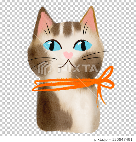 cute cat with orange ribbon on neck, hand drawn in watercolor style 130847491