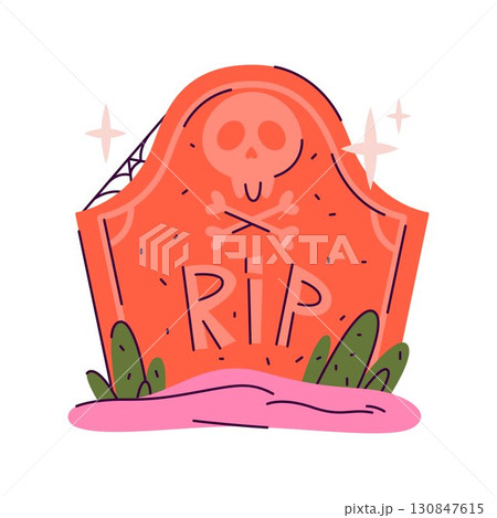 Cartoon tomb or gravestone. Vector tombstone with skull or roger. Cemetery plaque or churchyard headstone. Halloween icon or creepy graveyard sign. Undead and ghost, skeleton symbol. Burial stone. 130847615