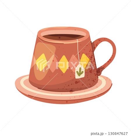 Hot tea drink in mug or cup. Vector isolated warm morning beverage with fragrant herb. Black or green brew for cafe or home. Relaxing and pause, break element. Seasonal, winter and autumn liquid. 130847627