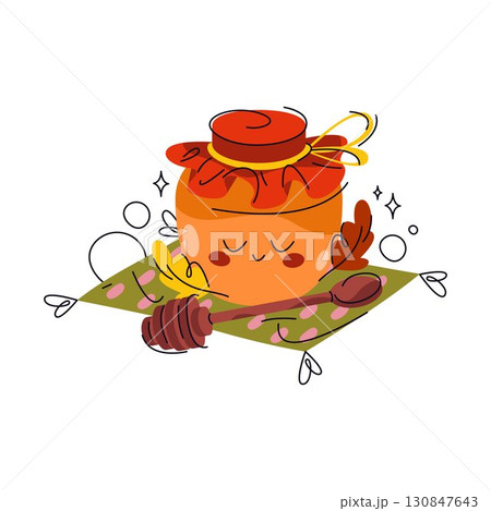 Honey jar with smiling face. Vector natural dessert and sweet cartoon character. Isolated healthy, organic, natural treat ingredient. Autumn beekeeping emoji. Apiary culinary container. Honeybee food. 130847643