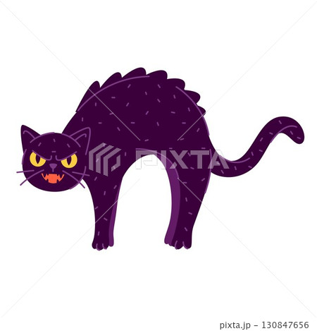 Hissing cat with arched back and spiky fur. Vector angry feline animal or aggressive kitten, scary pet. Frighten domestic predator or hunter in arch posture or stance. Cartoon spooky mascot. Hissing cat with arched back and spiky fur. Vector angry feline animal or aggressive kitten, scary pet. Frighten domestic predator or hunter in arch posture or stance. Cartoon spooky mascot. 130847656