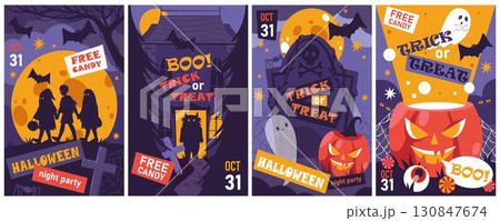 Set of Halloween night party banner. Vector invitation flyer for autumn horror event celebration. Announcement poster for seasonal horror and scary holiday with pumpkin or jack o lantern element. 130847674