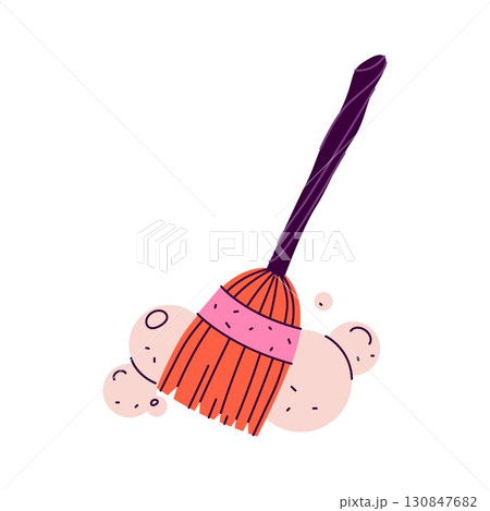 Cleaning domestic brush or witch broom. Vector household magical and clean tool. Fantasy and magic , flying broomstick for Halloween. Sweeping and dusting, sanitation sign. Sorcery or folklore icon. 130847682