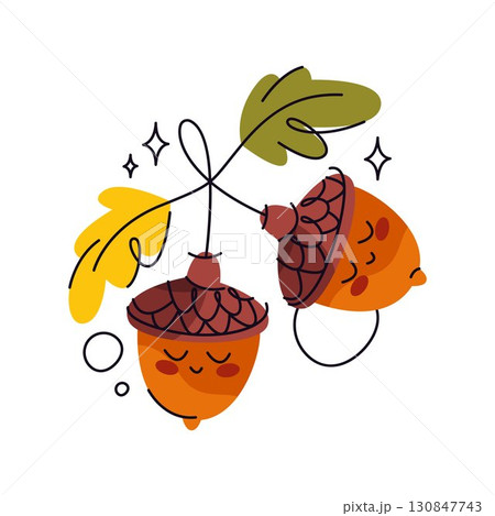 Autumn vector poster with acorn faces and leaves. Fall holiday sign or seasonal harvest placard. Forest flora foliage, oak seed, plant emblem. Cheerful mascot character for wood greeting card. Nature Autumn vector poster with acorn faces and leaves. Fall holiday sign or seasonal harvest placard. Forest flora foliage, oak seed, plant emblem. Cheerful mascot character for wood greeting card. Nature 130847743