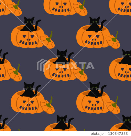 Halloween vector seamless pattern. Black cat in carved pumpkin illustration on purple background. Cute spooky autumn seasonal design for October 31 fabric, decoration. Jack-o-lantern and witch cat Halloween vector seamless pattern. Black cat in carved pumpkin illustration on purple background. Cute spooky autumn seasonal design for October 31 fabric, decoration. Jack-o-lantern and witch cat 130847888