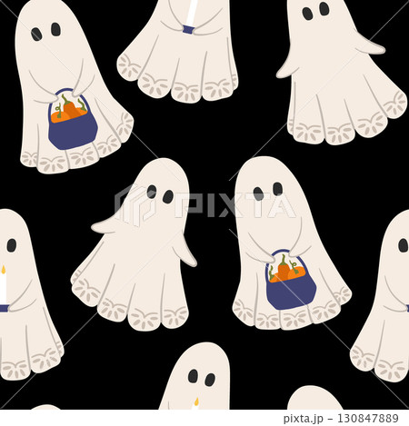Halloween ghosts vector seamless pattern. Cute vintage ghosts with candles and autumn pumpkins on black background. Whimsical friendly spooky characters for seasonal October 31 trick or treat designs Halloween ghosts vector seamless pattern. Cute vintage ghosts with candles and autumn pumpkins on black background. Whimsical friendly spooky characters for seasonal October 31 trick or treat designs 130847889