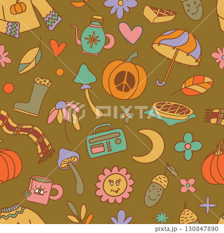 Groovy autumn vector seamless pattern. Positive hippie fall doodle illustrations. Hand drawn retro flowers, mushrooms, pumpkins, hippie sweater, cassette player repeat background. Nostalgic 70s vibes Groovy autumn vector seamless pattern. Positive hippie fall doodle illustrations. Hand drawn retro flowers, mushrooms, pumpkins, hippie sweater, cassette player repeat background. Nostalgic 70s vibes 130847890