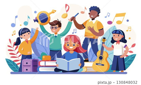 This high-resolution image captures the enthusiastic engagement of students in music learning, producing a sophisticated and inspiring aesthetic ideal for music schools, online music education platfo 130848032