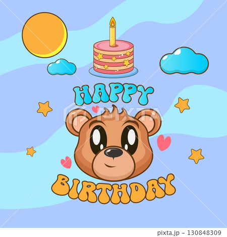 Happy birthday teddy bear vector illustration, cute animal character with pink balloon and birthday cake, creative design for kids greeting cards, stickers, labels, party invitations, and celebration Happy birthday teddy bear vector illustration, cute animal character with pink balloon and birthday cake, creative design for kids greeting cards, stickers, labels, party invitations, and celebration 130848309