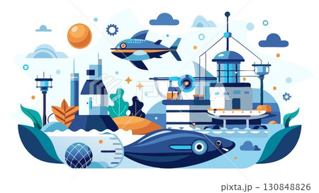 This high resolution image captures the futuristic aesthetic and technological sophistication of ocean technology, beautifully contrasted against a minimalist white background, producing a sophistica 130848826