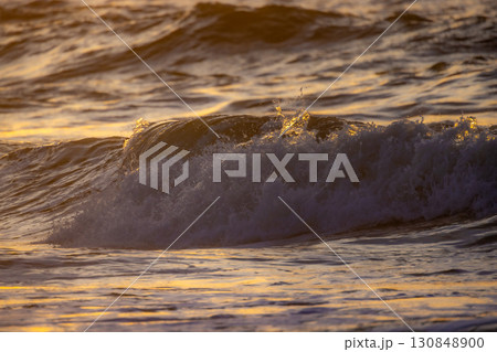 Golden Waves Gently Dancing at Sunset Over the Tranquil and Vast Ocean Waters Around Us Golden Waves Gently Dancing at Sunset Over the Tranquil and Vast Ocean Waters Around Us 130848900