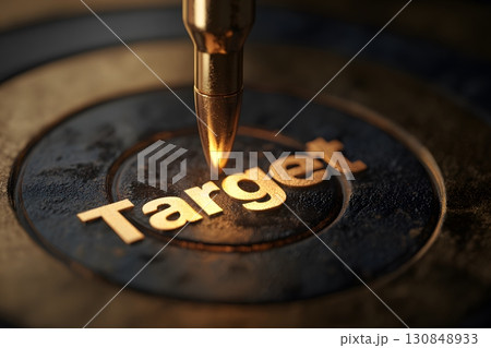 A golden bullet perfectly strikes the target's center. This powerful image represents achieving a clear goal and ultimate success. A golden bullet perfectly strikes the target's center. This powerful image represents achieving a clear goal and ultimate success. 130848933