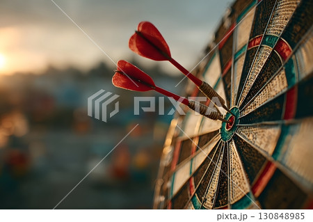 Darts hit the bullseye on the target board, symbolizing successful achievement of a clear goal with accuracy at sunset. Darts hit the bullseye on the target board, symbolizing successful achievement of a clear goal with accuracy at sunset. 130848985
