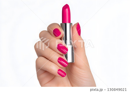 A hand gracefully holds vibrant pink lipstick and its nails feature perfectly matched shining fuchsia polish, truly a symbol of beauty. 130849021