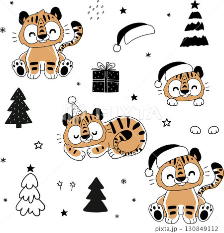 cute Christmas tiger kids vector clipart 130849112