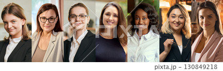 Collage of businesswomen portraits in formal outfits with confident and approachable expressions Collage of businesswomen portraits in formal outfits with confident and approachable expressions 130849218