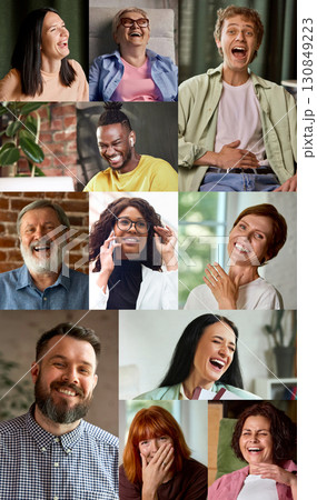 Vertical collage of diverse people laughing with joyful emotions in casual and professional settings 130849223