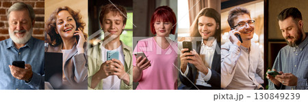 Group collage of people using smartphones with happy and focused expressions in mixed settings 130849239