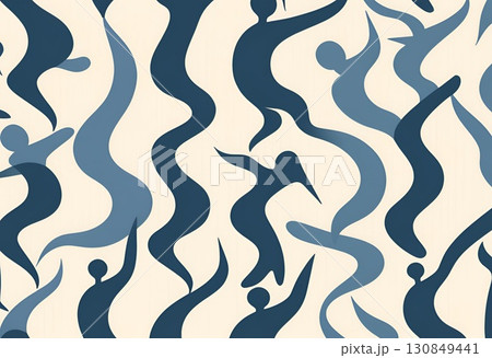 Abstract flowing shapes in various shades of blue and cream resembling human figures in motion 130849441